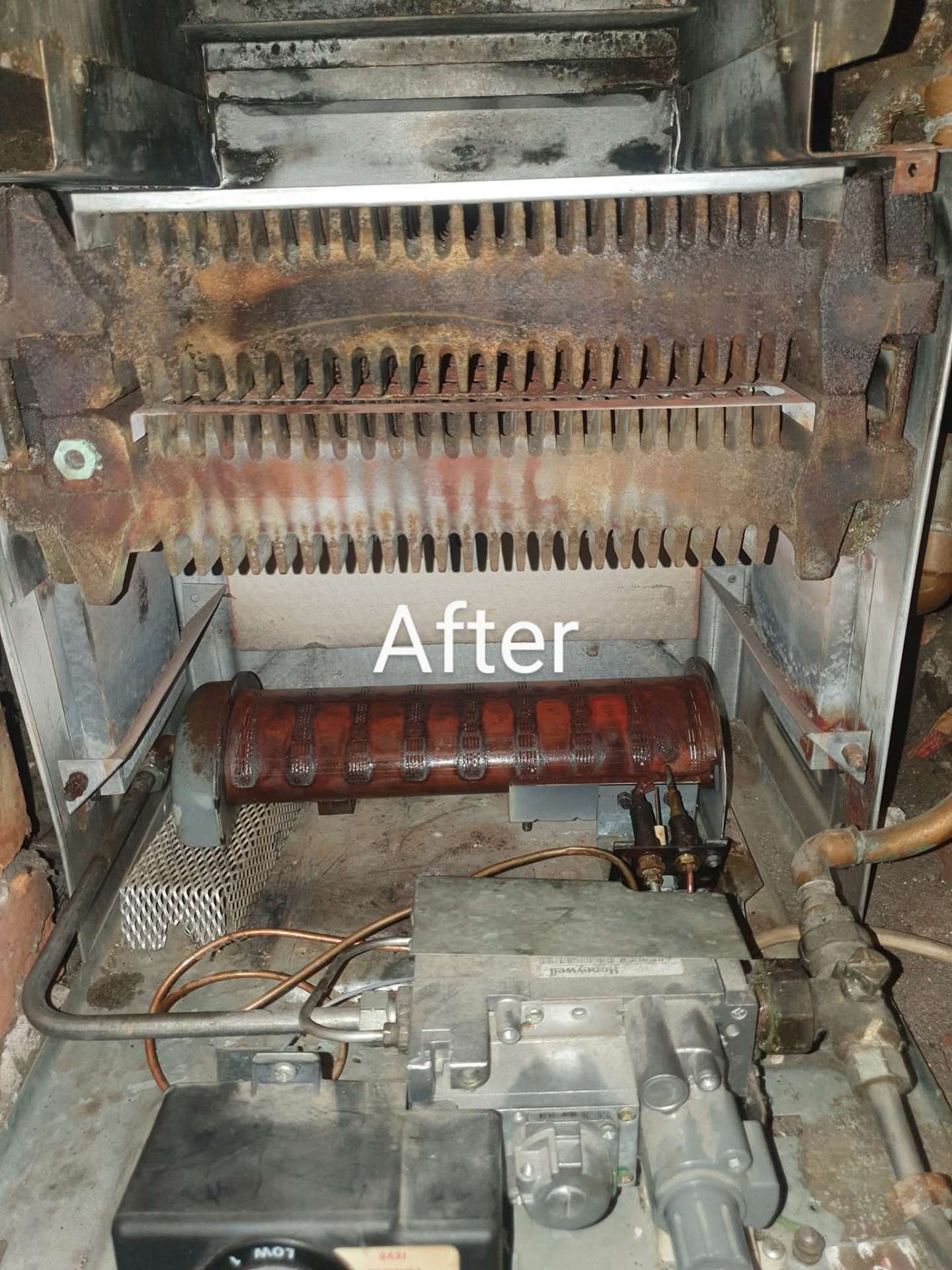 Cleaned combi boiler heat exchanger after a full service in Stockport