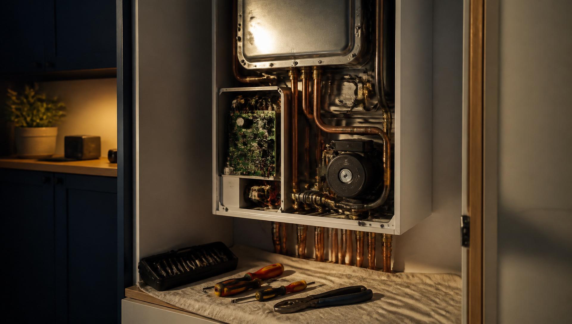 Wall-mounted combi boiler with front cover off during a repair