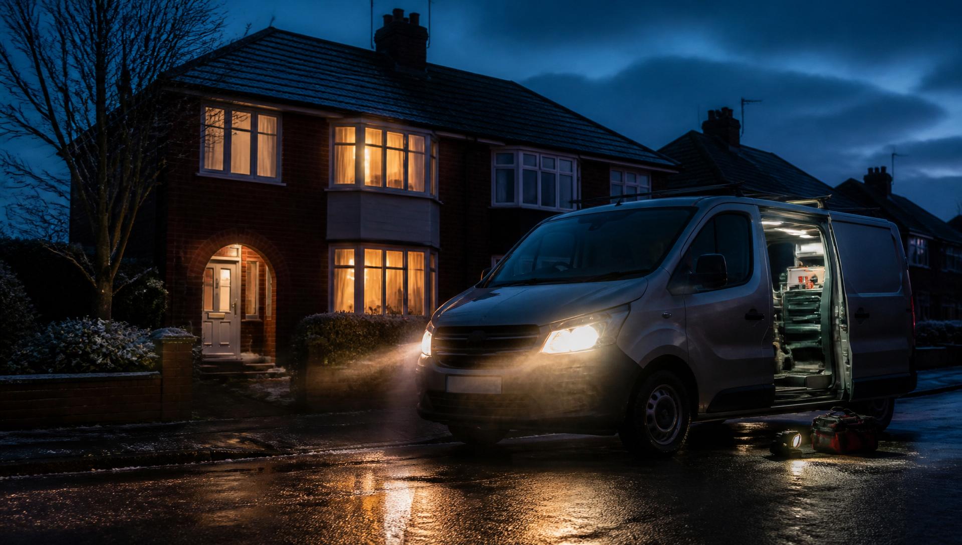 Engineer's van with lights on outside a British home at dusk on an emergency boiler callout