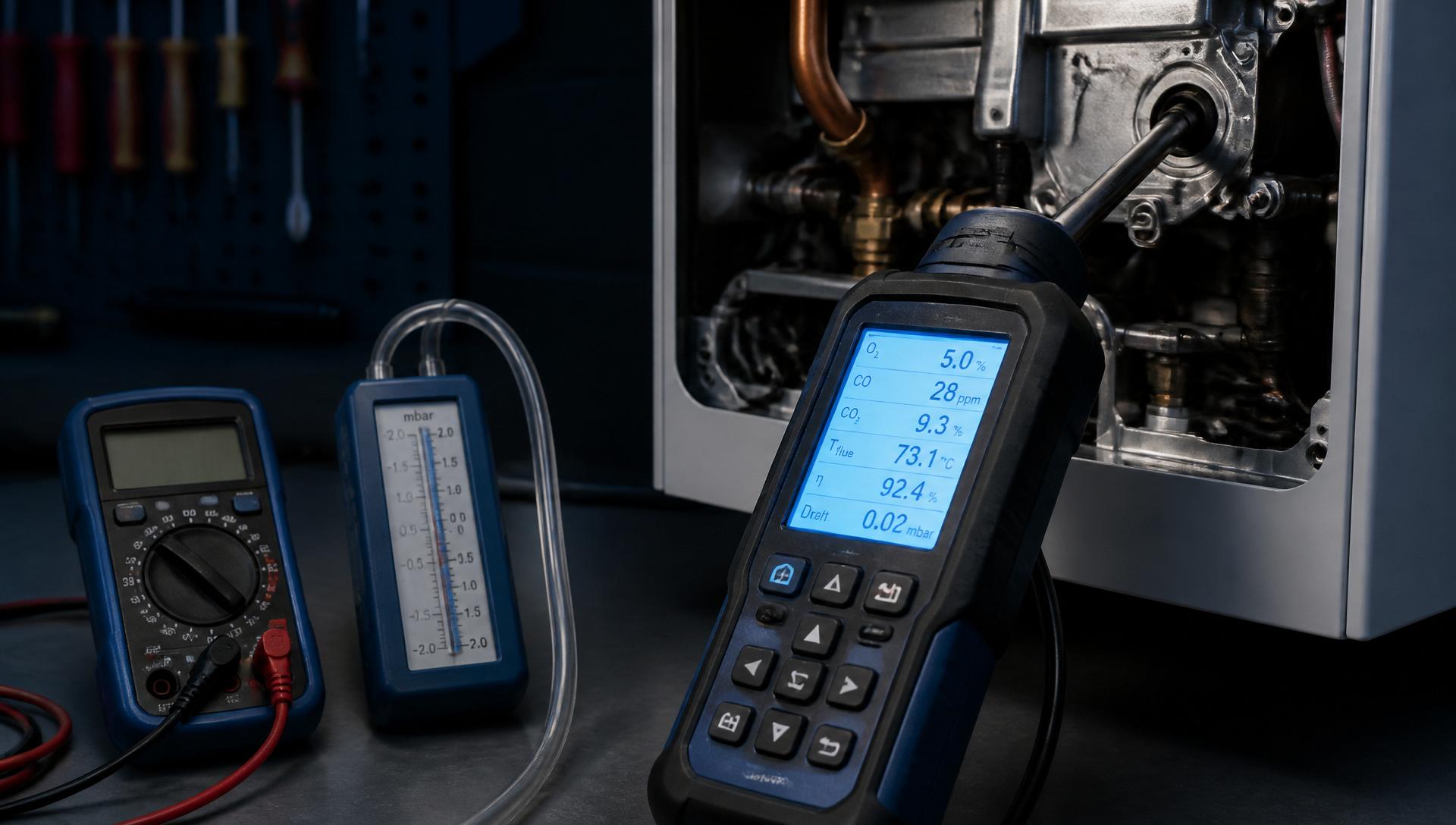 Flue gas analyser and manometer used to diagnose a boiler fault
