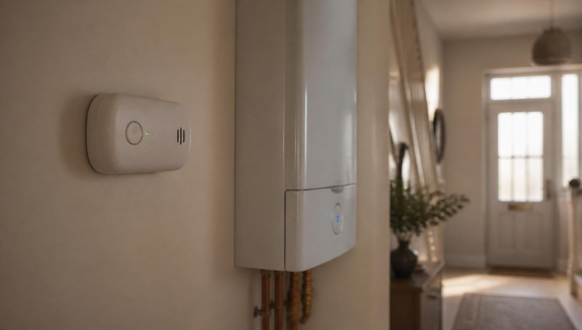 Carbon monoxide alarm mounted next to a modern combi boiler in a UK home hallway