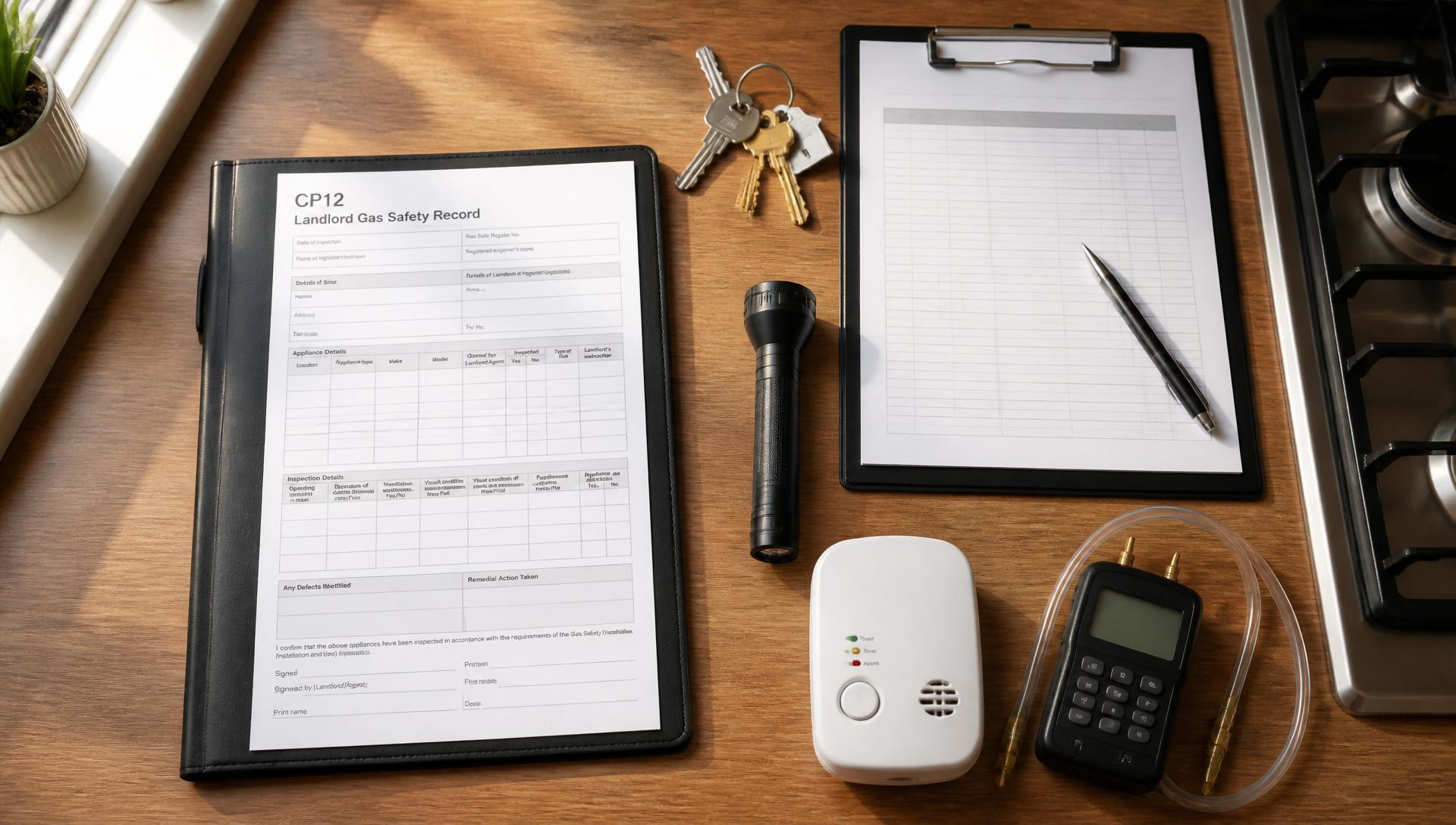 Landlord CP12 gas safety record and inspection tools on a worktop