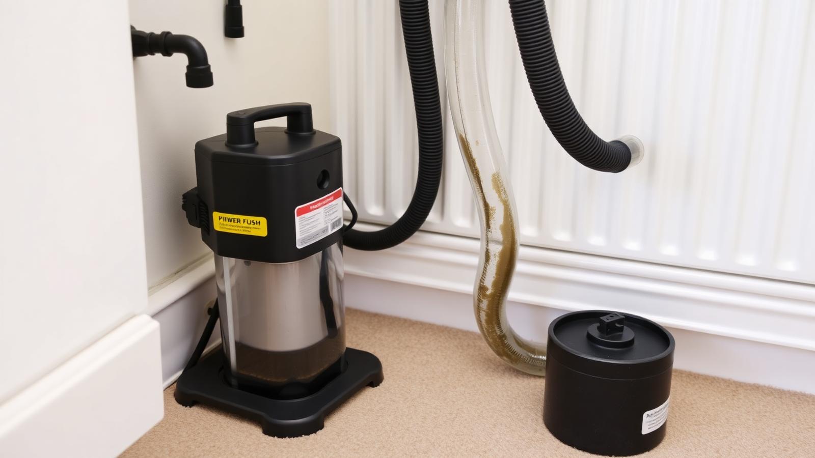 Powerflushing in Handforth - Powerflushing pump connected to a radiator clearing black sludge from a central heating system